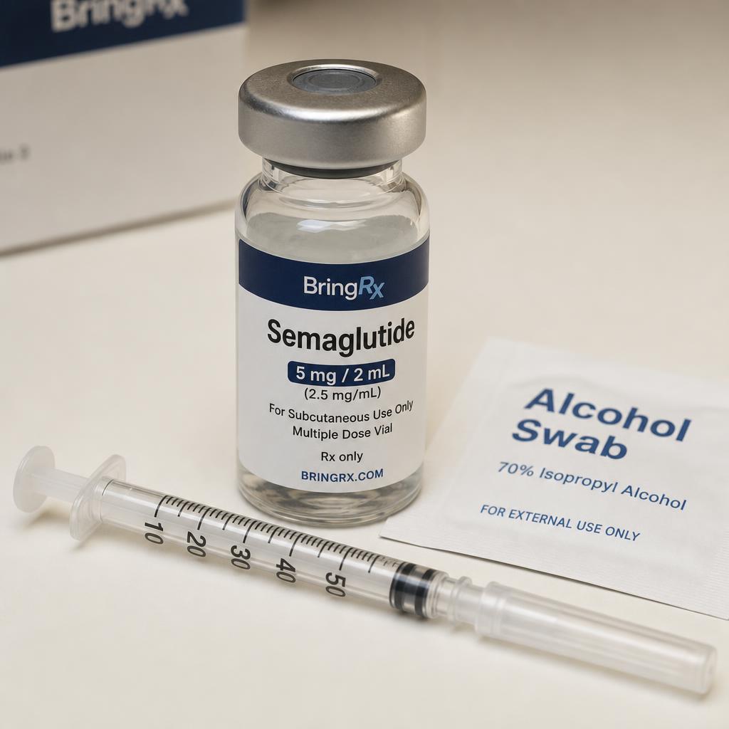 Nooma Semaglutide glass vial photographed with syringe and alcohol swab