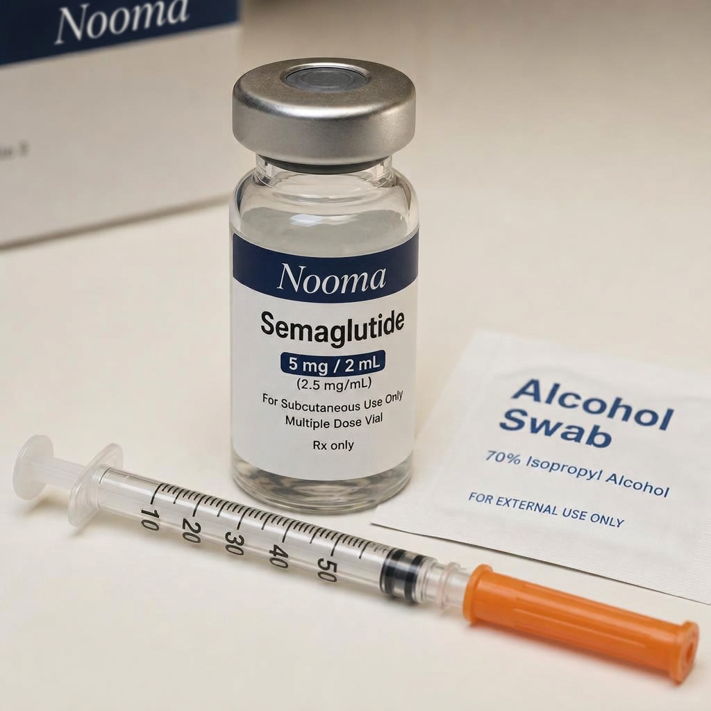 Nooma Semaglutide glass vial photographed with syringe and alcohol swab